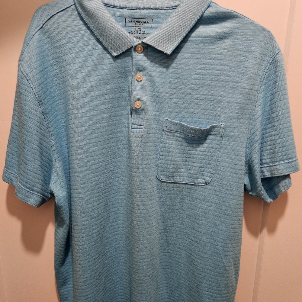 VANHEUSEN FLEX  classic fit Mens short sleeve Button Polo SIZE LARGE BLUE  LL15